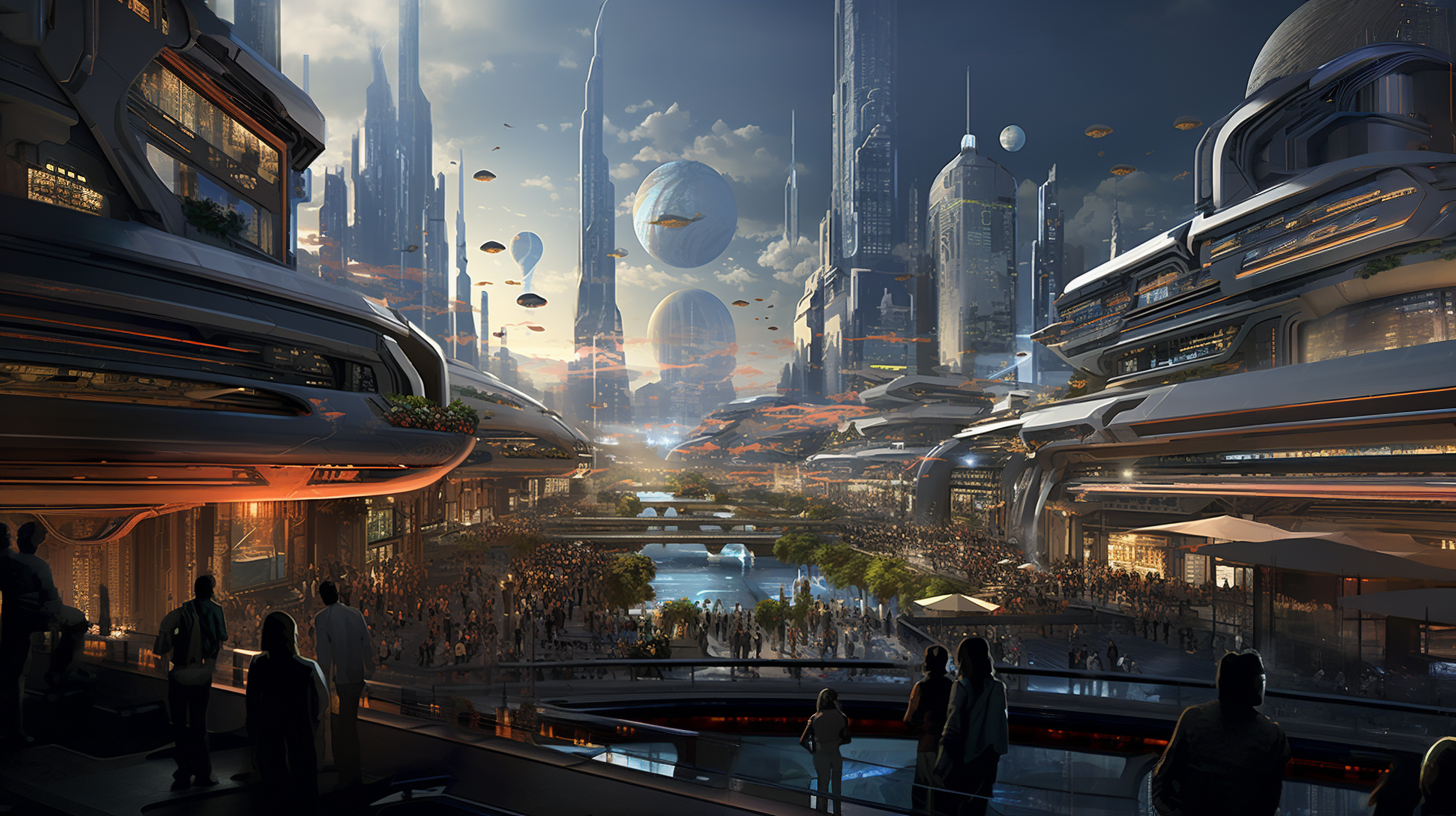 Design of a city megaplex of the future with tall buildings, flying cars, floating objects, and tons of people walking around