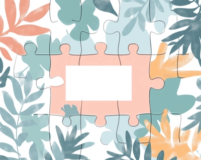 Design a 12-piece puzzle for a baby gender reveal event. The puzzle should have soft, natural tones and feature symbols representing both a baby boy and a baby girl in the center. There should be a blank space in the middle of the puzzle to place the baby's name once it is completed. The puzzle should include subtle elements like leaves, branches, and other nature-inspired details to evoke a peaceful forest theme. The puzzle pieces should be large and easy to assemble, with a calm and gentle color palette.