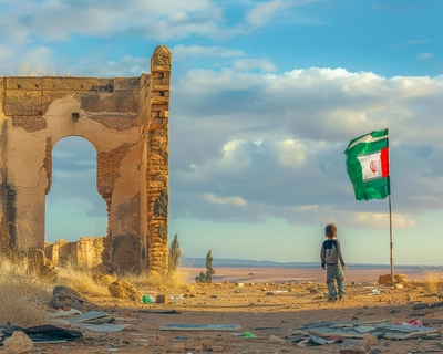 A picture of Timgad place in batna city Algeria, composed with the Algerian flag that symbolize the nationalism Spirit. Mix with the a picture of a motivated child that looks to the horizon as a significance of best Future. 