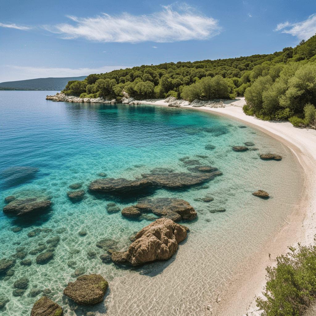 a picture of Croatian beach with a crystal clear sea and a sandy beach and vegetation nearby