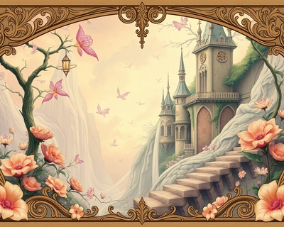 a magical fantasy scene, art nouveau style, ornate decorative borders, flowing organic lines, Alphonse Mucha inspired, soft pastel color palette, gentle muted tones, highly detailed, rich textures, intricate details