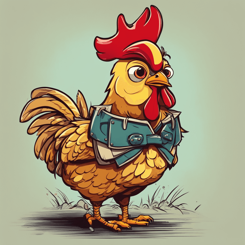 i want a cartoon of a chicken, very statick, colorful and maybe for a teenager, with big eyes, like crazy, with rock and roll on it

