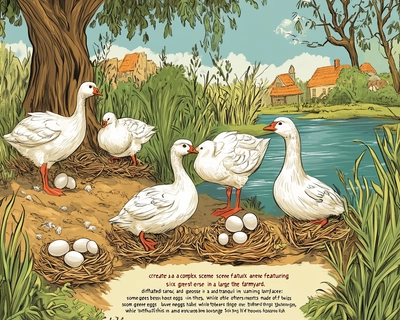 "Create a complex and detailed puzzle scene featuring six geese in a large, tranquil farmyard. Each goose is situated in a different area, and they are actively laying eggs in various places: some geese have their eggs in large nests made of twigs, while others have their eggs directly on the ground. The scene should have a mix of natural elements such as trees, bushes, and a pond, with the geese spread out across the landscape. Some eggs should be partially hidden or covered by grass or foliage, adding difficulty to finding all the eggs. The geese themselves should have varied appearances: different feather colors, sizes, and postures. Include subtle clues, like shadows, patterns in the ground, or reflections in the pond, which may help solve the puzzle. Make the overall scene busy enough to make finding all six eggs a challenging task."

