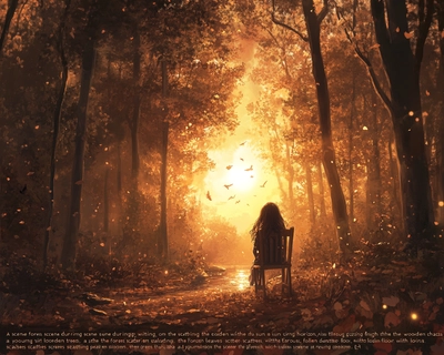 "A serene forest scene during the evening, with the sun setting on the horizon, casting golden light through the trees. A young girl with long hair sits on a wooden chair, gazing peacefully at the surroundings. Fallen leaves scatter the forest floor, with a few rays of sunlight piercing through the dense foliage. The atmosphere is calm and almost mystical, with soft hues of orange, red, and purple in the sky. Nearby, a small stream glimmers faintly in the fading light, and distant birds can be seen flying toward the horizon. The overall composition is peaceful and immersive, perfect for a jigsaw puzzle with at least 10 pieces focusing on the girl, the trees, the sunlight, and the stream."