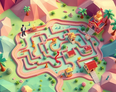 
I need maze puzzle
should more difficult

“Treasure map” template.
	3.	Add icons:
	•	Man (start)
	•	Pig
	4.	Add locations:
	•	Depaul
	•	Police Station
	•	Railway Station (Angamaly – correct route)
	•	St. Joseph’s Church
	•	Thirunayathode Sivanararayana Temple
	•	Angamaly Town Juma Masjid
	5.	Draw different paths using lines or arrows.
	6.	Keep only one correct path to the destonation angamaly railway station., low poly 3D render, geometric art, faceted design, colorful polygons, modern 3D illustration, highly detailed, rich textures, intricate details, watercolor painting style, soft flowing colors, delicate brushstrokes, artistic watercolor technique, highly detailed, rich textures, intricate details