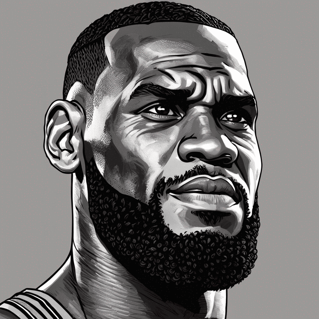LeBron has a strong and chiseled facial structure. His face is relatively square-shaped with high cheekbones.
His eyes are dark brown and have a confident and focused gaze. His eyebrows are well-defined but not overly thick.
He has a shaven head or a very closely cropped haircut, often with a slight beard or goatee.
Expression:

When drawing LeBron, consider his expressions, which can vary from intense and determined on the basketball court to charismatic and approachable in other contexts.
Capture the subtle intensity in his eyes, which conveys his competitive spirit and leadership.
Physique:

LeBron has a powerful, athletic build. His shoulders are broad, and his arms are well-muscled due to his basketball career.
His posture is usually upright and confident.