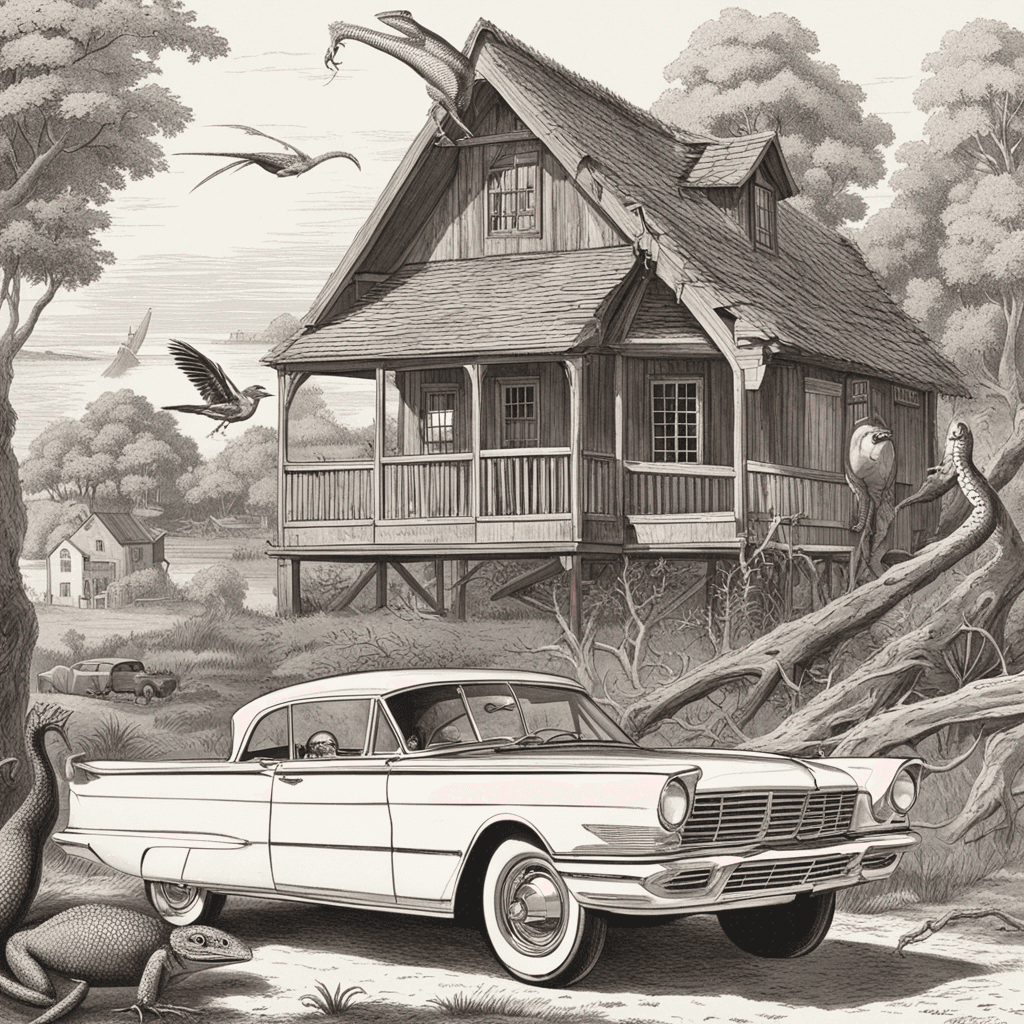 a picture of a bird, a lizard , a wood, a house and a car