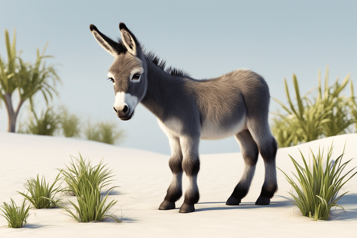 high detailled picture of a cute baby donkey named Edgar, looking to camera, full body, side view, character suitable for rigging, cartoon style, vivid colors, white background