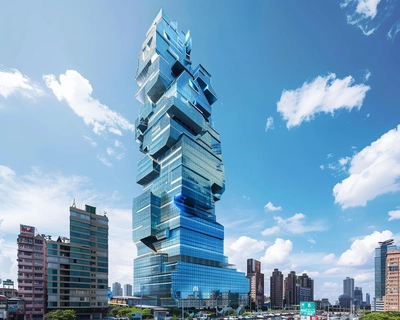 a super realistic picture of the 85 building in Kaohsiung, Taiwan. There is a blue sky backdrop and the image is made up of clear jigsaw pieces with a few missing pieces in different parts of the image. The missing pieces are jet black. 

