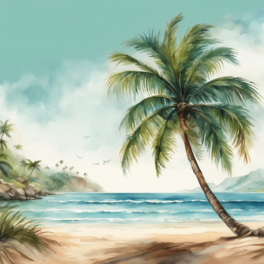 a picture of a beautiful beach with a single palm tree in the foreground, painted in a vibrant watercolor style, captured with a wide angle lens and 4K resolution.