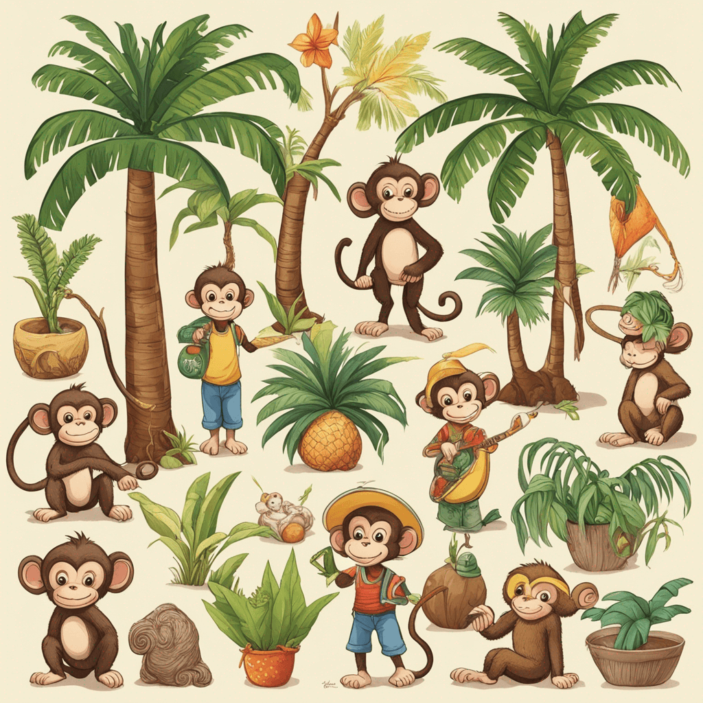 child style, palmtrees, monkey, many little characters, and many details everywhere like coconuts, snakes, spider, trees, herbs, plants