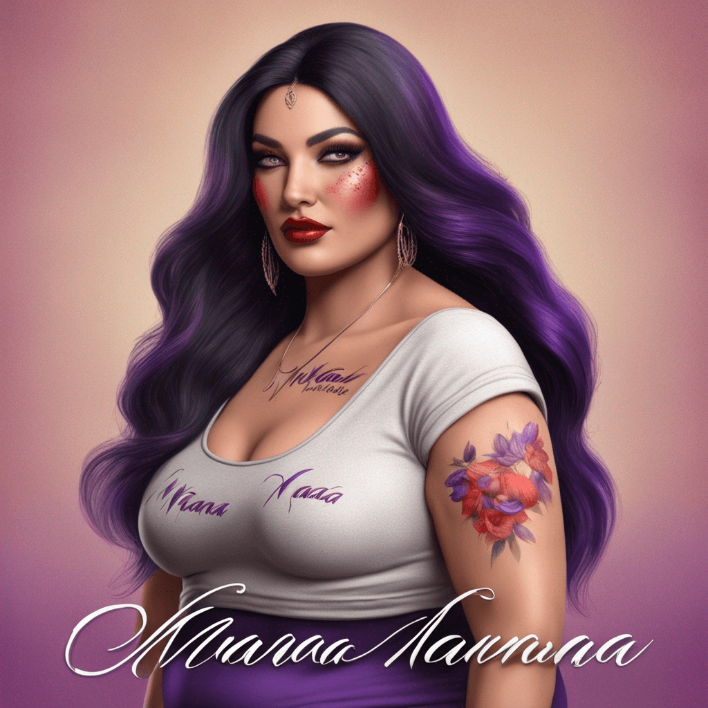 American lady, plus size beauty, long black hair with freckles, red and purple tones painted on the name "Nana". 4d text render, photorealistic, ready to print in 4k
