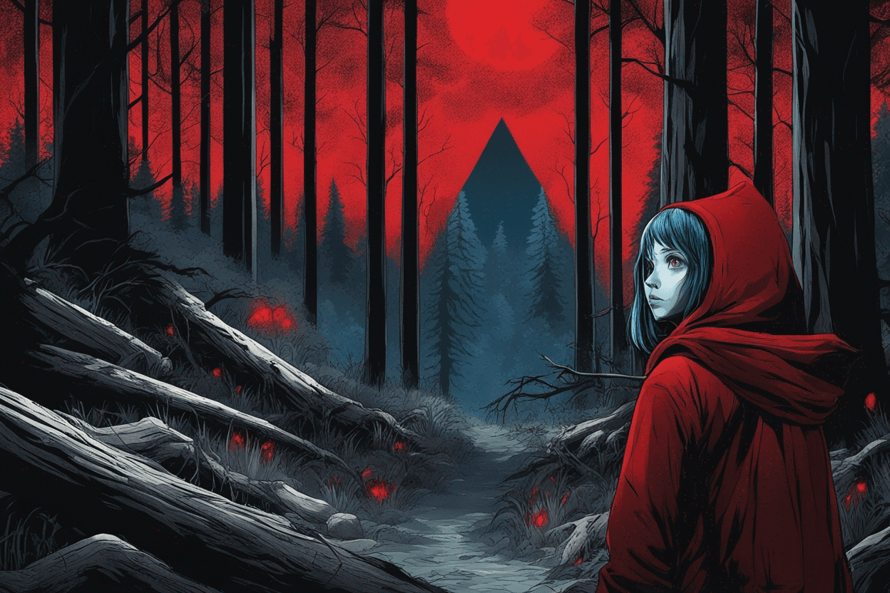 A picture of a forested landscape with darkness near and red eyes within the forest. Include a young girl facing the forest with a blue hood. 
