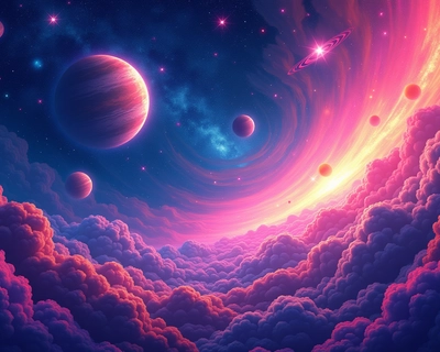 a cosmic outer space scene, cinematic photography, dramatic lighting, film still, anamorphic lens, color graded, 8k uhd, dramatic lighting, high contrast, deep shadows, earthy natural color palette, browns greens and warm neutrals, highly detailed, rich textures, intricate details, cartoon style illustration, vibrant colors, fun and playful, clean bold lines, animated movie quality, dramatic lighting, high contrast, deep shadows, earthy natural color palette, browns greens and warm neutrals, highly detailed, rich textures, intricate details