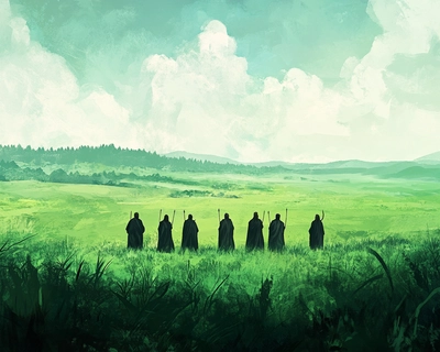 A vast green field landscape with six warriors standing alone in the middle of the landscape. Very detailed illustration 