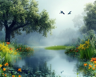 a picture of nature that includes water, trees, flowers, birds, grass
