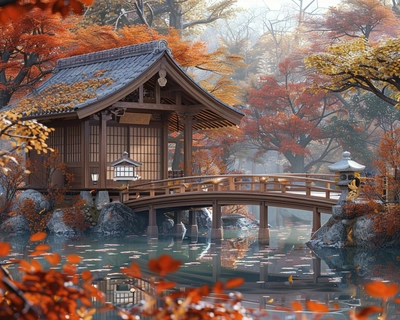 A serene Japanese garden in the heart of autumn, with vibrant red and orange maple leaves gently falling around a traditional wooden tea house. The scene is captured in the style of Studio Ghibli, with soft, whimsical details and a warm, inviting color palette. The image is taken with a wide-angle lens to encompass the tranquil pond, stone lanterns, and arched wooden bridge, all bathed in the gentle glow of the late afternoon sun.