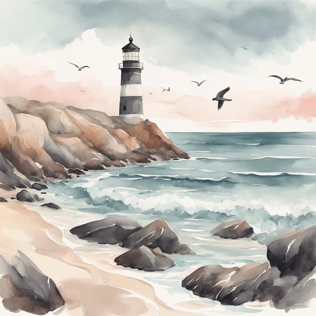 a picture of a rocky beach with a lighthouse in the distance. Soft pastel colors and a dreamy atmosphere. Watercolor and paper textured print, vector posters. Illustration, travel art minimal scene, birds eye view. 4K resolution.