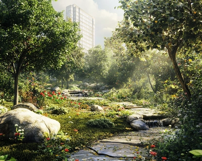 A picture of fotorealistic sustainable landscape beautiful as a jigsaw puzzle