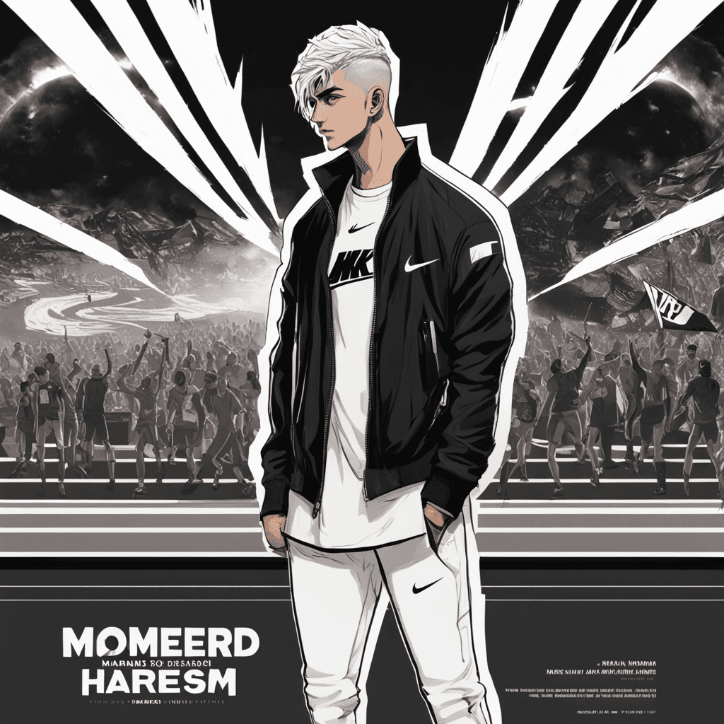 hero man similar to big  rami by 44%  male guy dressed in black and white jacket, jean pants, Nike shoes, short shaved hair, black eyes, is standing on a name "Mohamed Hashem”, text with , photo, poster, 4d render, typography, fashion, anime, dark fantasy, painting, cinematic

