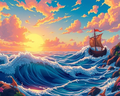 an ocean seascape, anime art style, Studio Ghibli inspired, beautiful anime illustration, detailed anime scenery, highly detailed, rich textures, intricate details