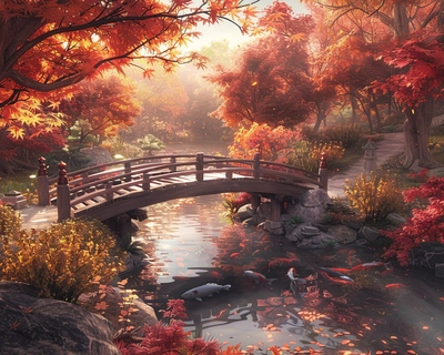 A serene Japanese garden during autumn, featuring a traditional wooden bridge over a koi pond, surrounded by vibrant red and orange maple trees. The scene is captured in the style of Studio Ghibli, with soft, whimsical details and a warm, inviting color palette. The image should be taken with a wide-angle lens to encompass the entire garden, emphasizing the tranquility and natural beauty of the setting.