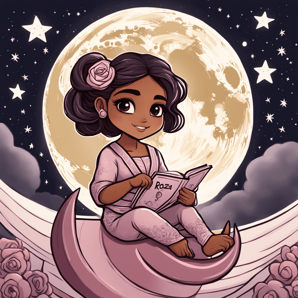 Illustration: A chibi Latina Tatiana in rosa tones, sitting on a crescent moon, holding a sign that says "Roza" in a flowing script. The background is a starry night sky, and the moon is casting a soft glow on Tatiana's face.

