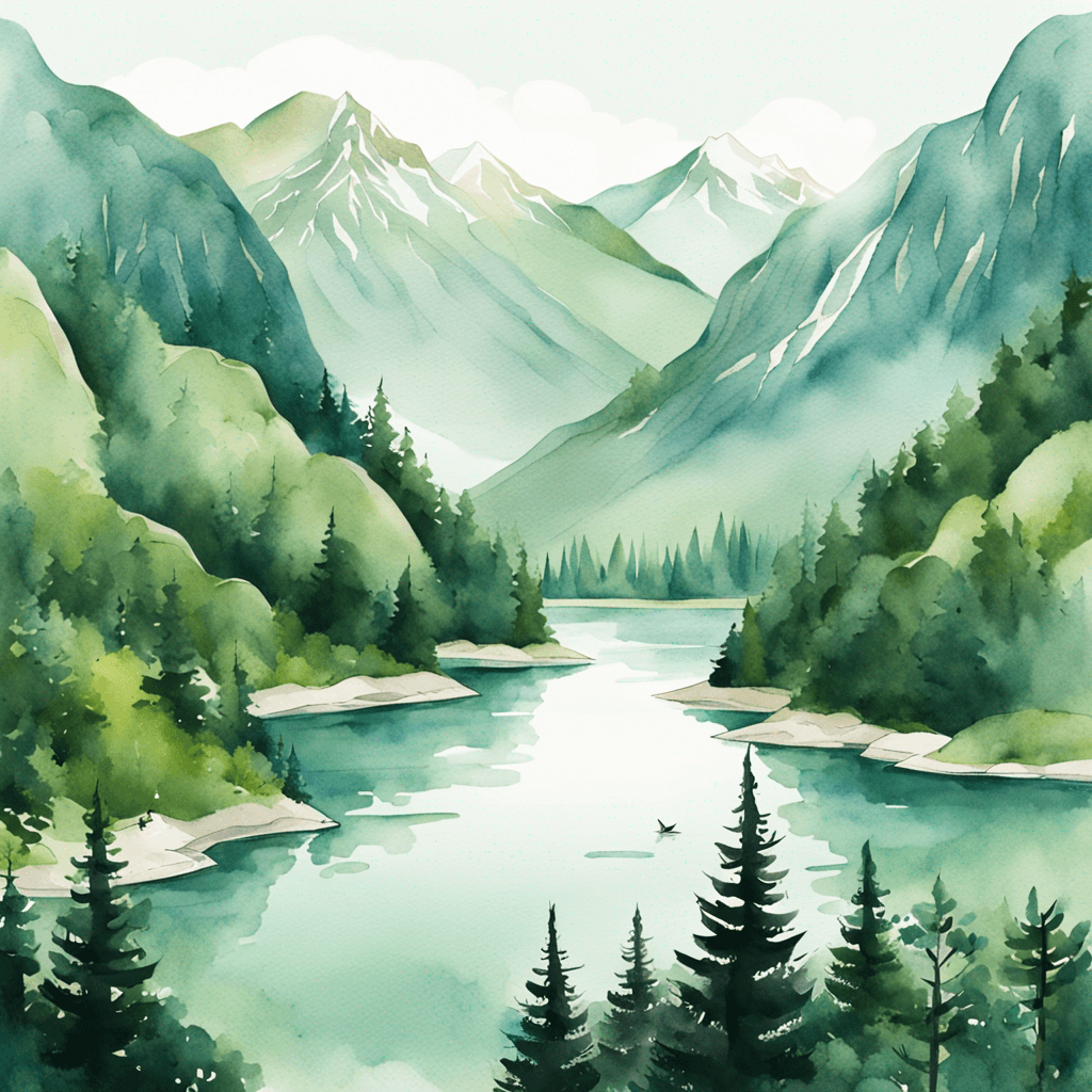 a picture of a serene lake surrounded by lush green trees and mountains. Watercolor and paper textured print, vector posters. Illustration, travel art minimal scene, birds eye view. Taken in 4K resolution with a wide angle lens.