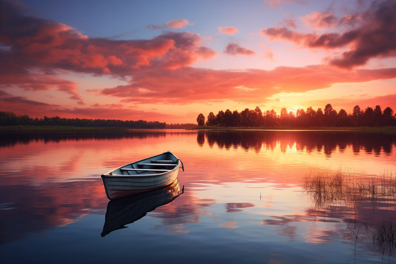 a picture of a sunset over a lake with a small boat in the foreground. Soft pastel colors and impressionist style, shot with a telephoto lens, 4K resolution.