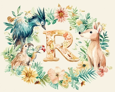 The name Rosie written in the middle with animals around it that start with the letter R