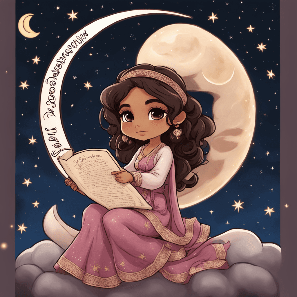 A chibi Latina Tatiana in rosa tones, sitting on a crescent moon, holding a sign that says "Jocelyn" in a flowing script. The background is a starry night sky, and the moon is casting a soft glow on Tatiana's face.