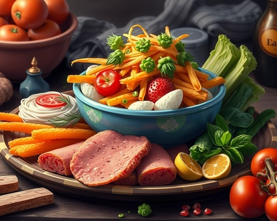 a delicious food arrangement and way of cooking, digital art, trending on artstation, highly detailed digital illustration, vibrant colors, highly detailed, rich textures, intricate details