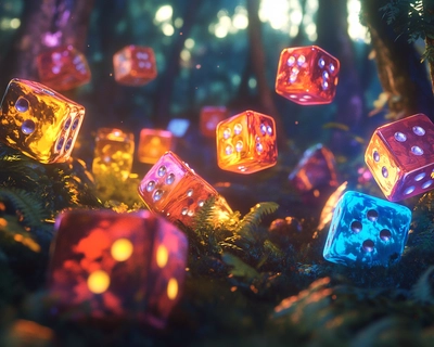 I picture full of dice with a very realistic graphic and shiny surfaces, color harmony. In a beautiful environment