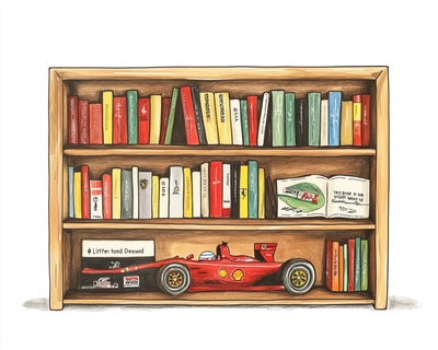 Make a drawing of a bookshelf in the style of the Galison ideal bookshelf puzzle image. The theme is formula 1 racing and book titles should be:
Ferrari Strategies and Other Mysteries
El Plan
Yuki’s Big Book of Rage
Lando, Memes, and Podium Dreams
Toto Wolff’s Motivation Manual
Gridlock: Surviving Monaco
Life Begins at Turn One
The Art of Defensive Driving
Slipstream to Success
Downforce and Other Life Lessons
