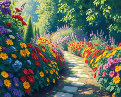 a lush garden with flowers, impressionist painting style, visible brushstrokes, light and color emphasis, Monet-inspired, highly detailed, rich textures, intricate details