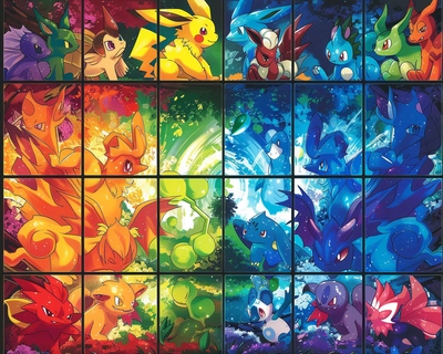 A picture of 8 x 8 tiles where in background is represented an raibow and in every tile is represented a single pokemon