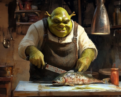 shrek chopping a fish with a knife 
