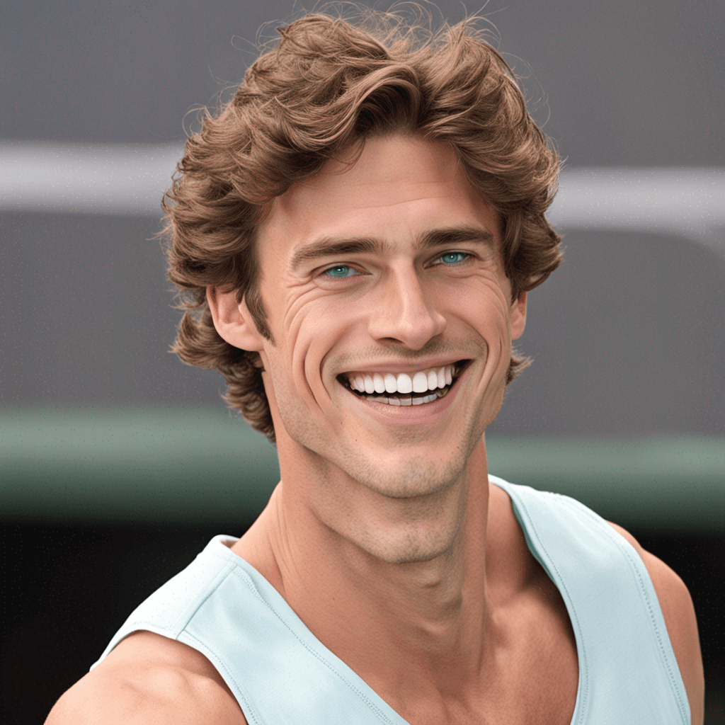 A picture of a white guy, with pointed but not small nose, thin lips but not small, blue-green eyes, has a beautiful smile when his teeth’s are opened
