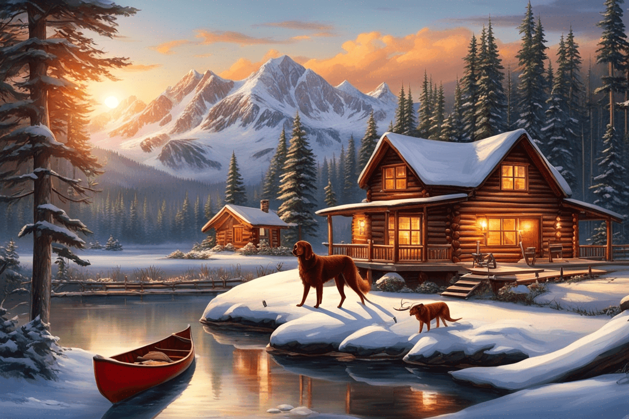 a snow capped mountain  background with sun setting,  a log cabin in th foreground nestled at a 45 degree angle in the trees, front porch on the cabin , warm light shining from the windows, a peaceful stream and wooden  dock are in front of the cabin, a  red canoe is tied to the dock, on the dock is an irish setter dog watching two grazing deer on the opposite side of the river ,  drawn in the style of artist Terry Redlin
Make fall folilage around th cabin and turn the cabin so the porch faces the bottom left corner . Make the stream amaller and have it go from left to right in the foreground . Draw to deer on the oppsite side of the stream. Only the mountains should have snow on them. make the cabin two story
