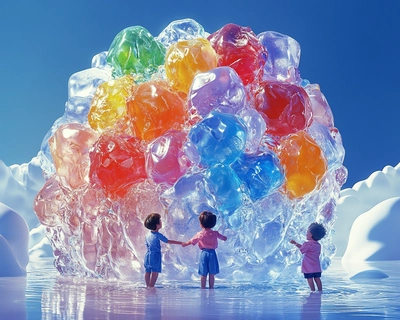 a picture of a children with a huge ice mit colores pearls on top
