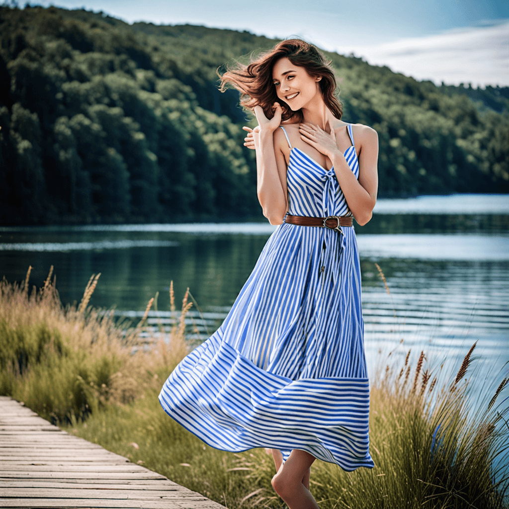 This photograph captures a heartwarming scene of a young woman, approximately 25 years old, standing in front of a serene body of water. She is adorning a blue and white striped dress that gently billows in the wind, adding a touch of charm to her overall appearance. With her hands, she is tenderly forming a heart shape, eloquently expressing her joy and love for the moment. In the distance, a boat can be spotted, adding an element of interest to the photograph. The sky overhead is a beautiful canvas of fluffy clouds, with the hues of a setting sun gently illuminating it. The pristine lake, the intriguing boat, the joyous woman, and the awe-inspiring sky combine to create a captivating scene, reminiscent of a tranquil vacation by the beach.