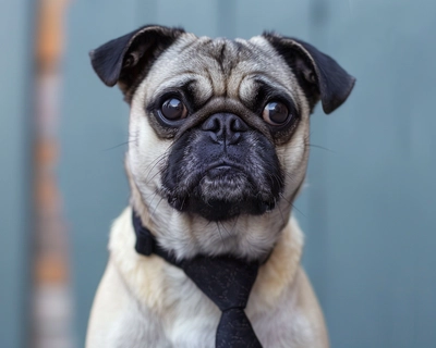 cute pug wearing a black tie
