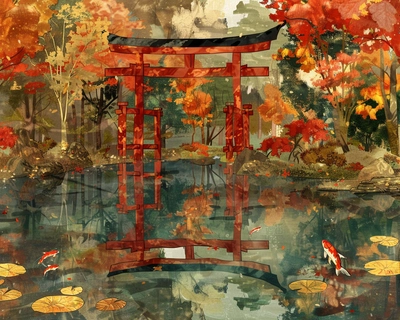 A serene Japanese garden during autumn, featuring a traditional red torii gate surrounded by vibrant maple trees with leaves in shades of red, orange, and yellow. The scene is reflected in a calm koi pond with lily pads and colorful koi fish swimming gracefully. The art style should be inspired by the delicate and detailed works of Katsushika Hokusai, with a soft watercolor effect. The image should be captured with a wide-angle lens to encompass the entire garden and create a sense of tranquility and harmony.