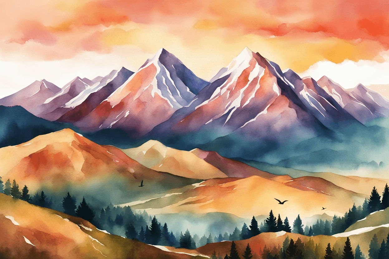 a picture of a majestic mountain range at sunset. Watercolor and paper textured print, vector posters. Illustration, travel art minimal scene, birds eye view, 4K resolution.