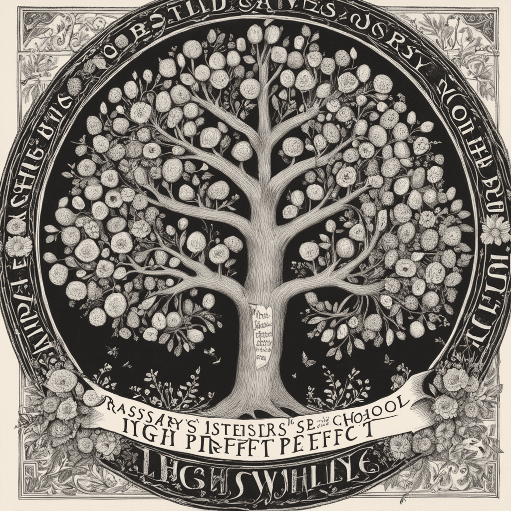 the text "Rosary Sisters' High School
 Be Whole, Not Perfect" 
the drawing is a tree of flowers
let the letters appear large in Georgia font