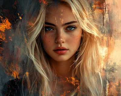 A jigsaw puzzle of a beautiful blonde young woman with a serious expression and the pieces shuffled.