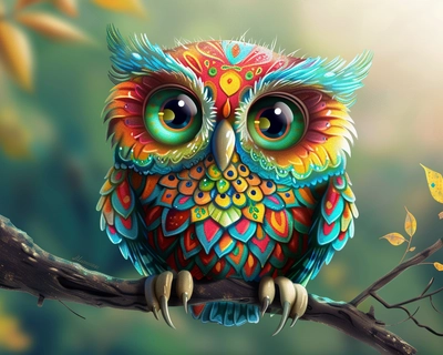 A picture of colourful owl caricature with big eyes looking very cute
