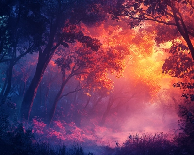 A picture of a misty forest at sunrise 