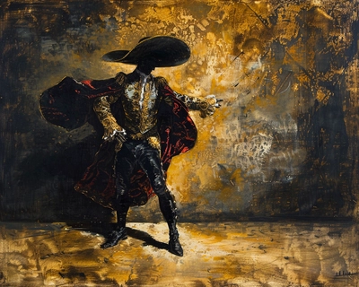 A painting by Goya, realistic, direct sun shine, dressed as a bullfighter.