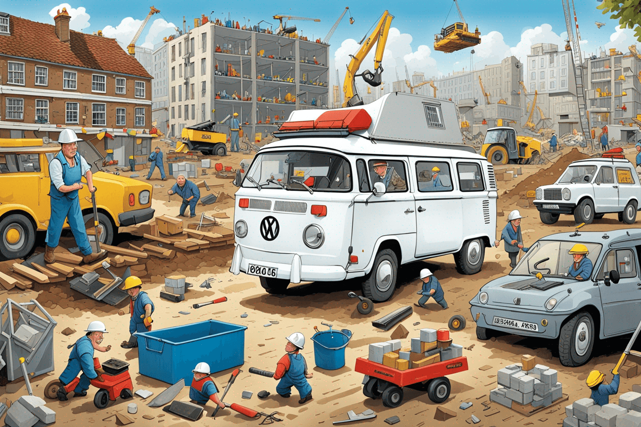 A white camper van drives over a construction site with tools falling out the back. In the background a 60 year old, grey haired, nearly bald builder appears all over the construction site. In the style of Jan van Haasteren puzzle. 